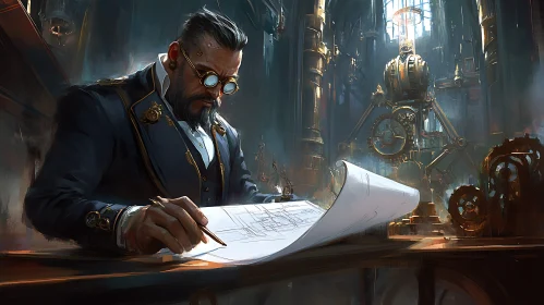 Man in Steampunk Outfit Examining Technical Drawings