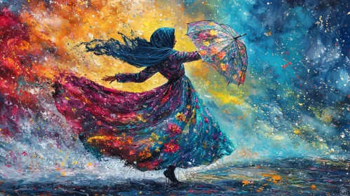 Woman with Umbrella in Colorful Storm