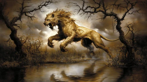 Lion's Leap: A Golden Predator in Motion