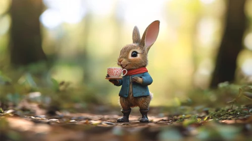 Whimsical Rabbit with Teacup