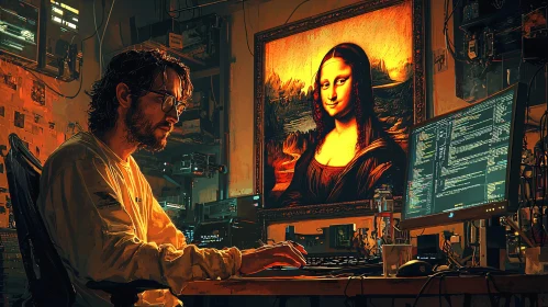 Man Coding with Classic Art