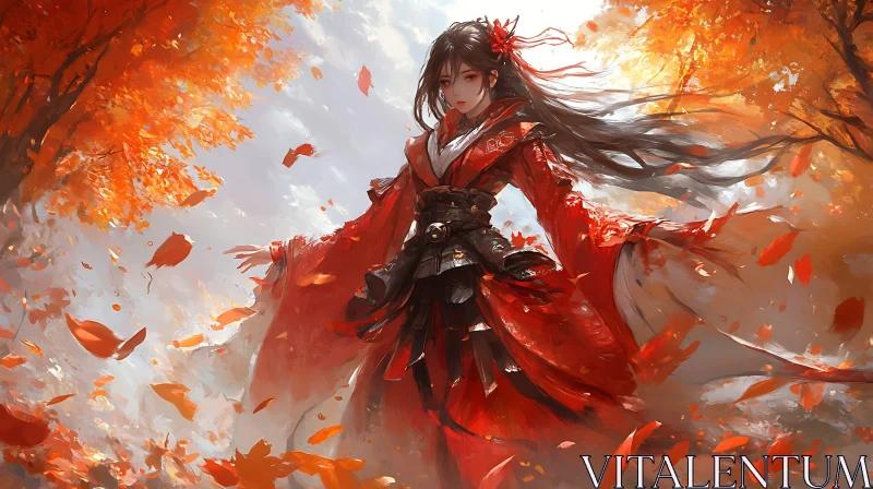 Anime Warrior in Red Kimono among Autumn Leaves AI Image