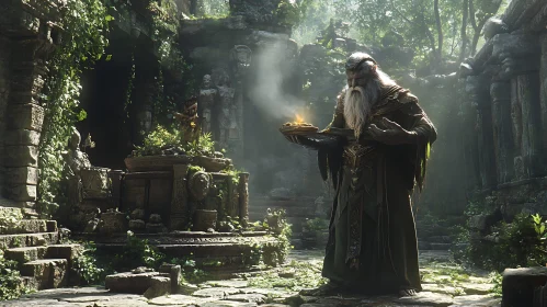 Old Wizard Casting Spell in Forest