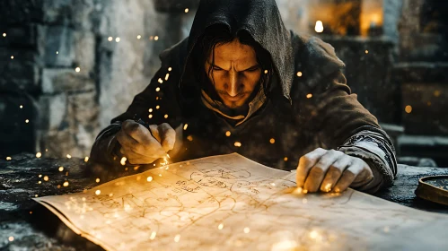 Hooded Man Examining Ancient Map