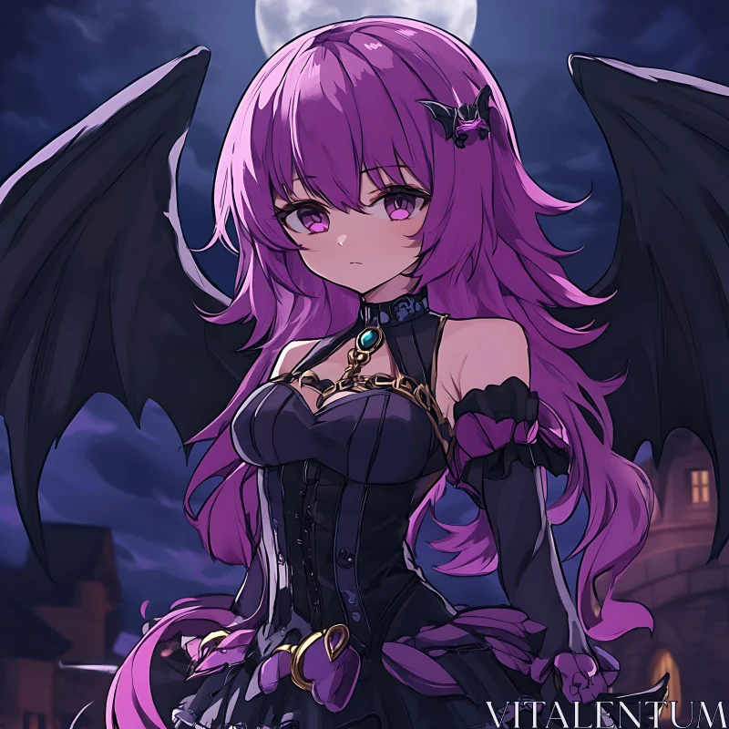 Mysterious Anime Girl with Bat Wings in Gothic Attire AI Image