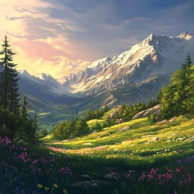 Alpine Meadow Landscape with Snow Mountains