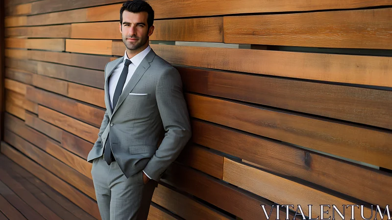 Man in Suit Leaning Against Wooden Wall AI Image