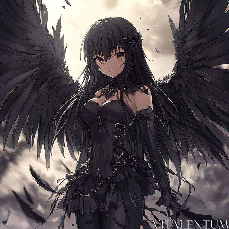 AI ART Gothic Anime Angel with Black Wings