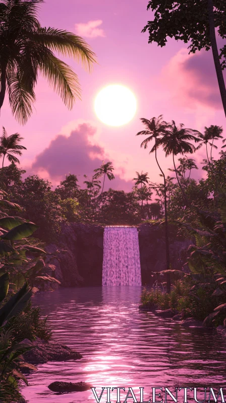 AI ART Serene Tropical Waterfall at Sunset