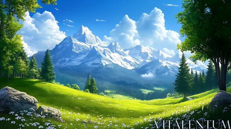 AI ART Snowy Peaks and Verdant Valley View