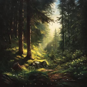 Sunlit Forest Pathway with Wild Flora