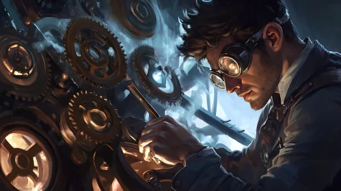 Steampunk Engineer Working on Gears