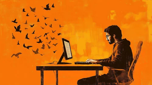 Man Coding with Birds Art