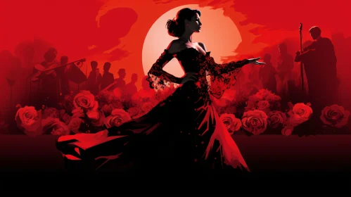 Flowing Red Dress Silhouette with Roses