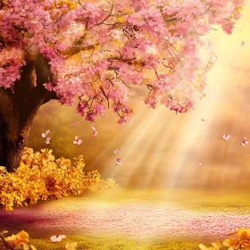 Pink Blossom Tree with Falling Petals