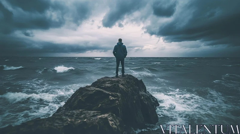 Solitary Figure on a Rock by the Sea AI Image