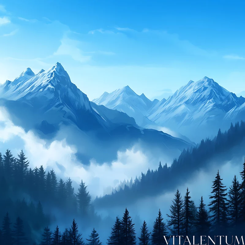 AI ART Snowy Peaks and Forest Scenery