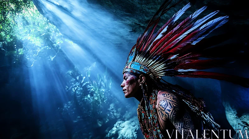 Man with Headdress in Blue Light AI Image