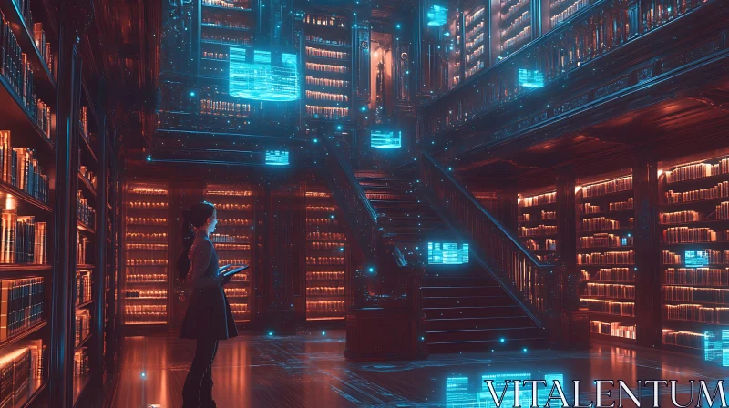 Woman in the Library of the Future AI Image