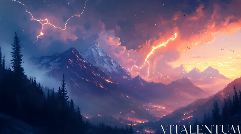 AI ART Dramatic Mountain Range with Lightning Strikes