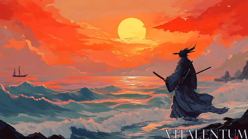 AI ART Warrior's Sunset Contemplation by the Sea