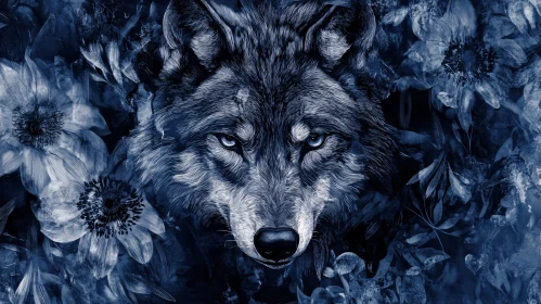 Wolf and Flowers in Blue Tones