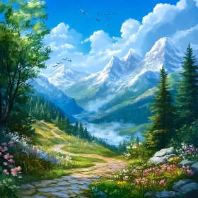 Idyllic Mountain View with Stone Pathway