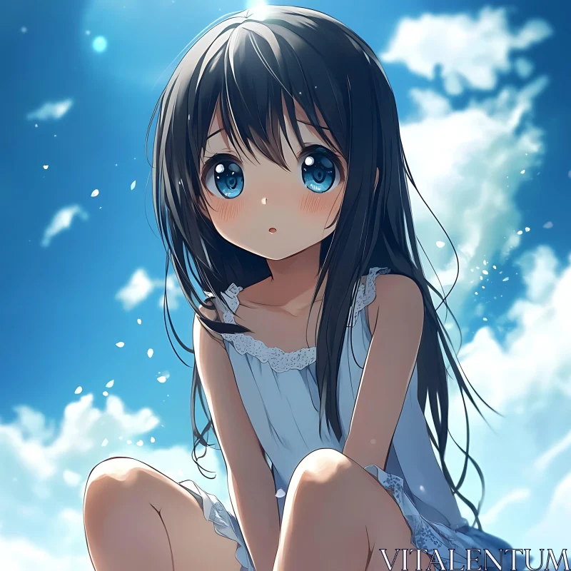 Serene Anime Girl with Blue Eyes and Clouds AI Image