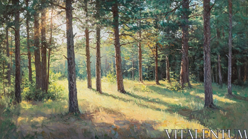 AI ART Peaceful Forest Landscape with Sunlit Trees