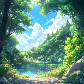 Serene Forest Lake Under a Bright Blue Sky