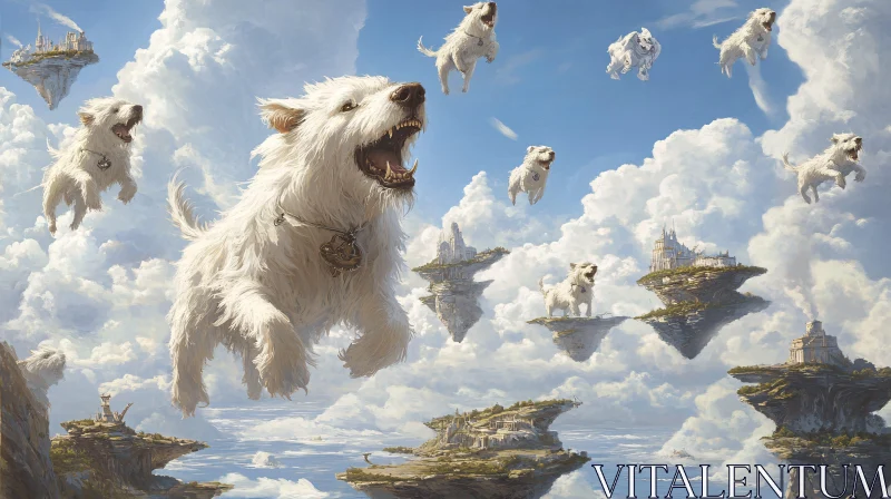 Surreal Fantasy Scene of Flying Dogs and Floating Islands AI Image