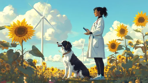 Veterinarian with dog in the field of sunflowers