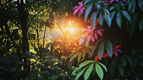 Warm Sunlight with Pink and Green Leaves