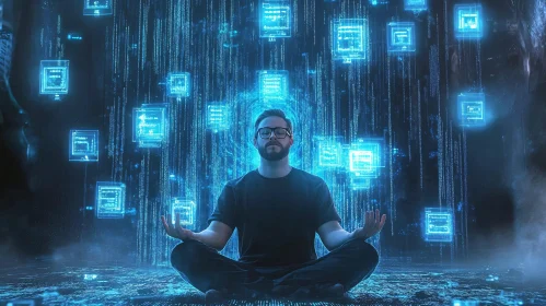 Man Meditating in Virtual Environment