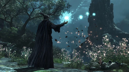 Mystical Wizard Casting Spell Near Ancient Castle