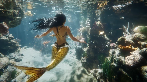 Golden Tailed Mermaid Underwater Fantasy