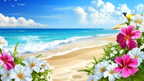 Seascape with Hibiscus Flowers and Bird