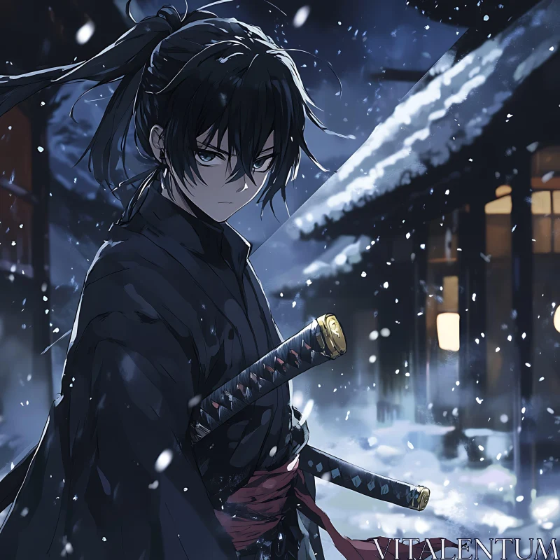 Snowy Samurai in Winter Night - Anime Illustration AI Image