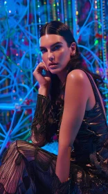 Kendall Jenner in Stunning Black Attire and Neon Lights