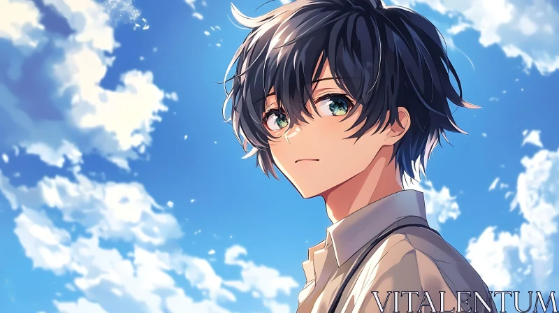 AI ART Young Anime Boy with Green Eyes and Blue Sky Background