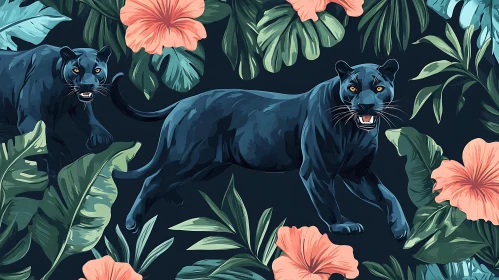 Jungle Cat Illustration with Flowers