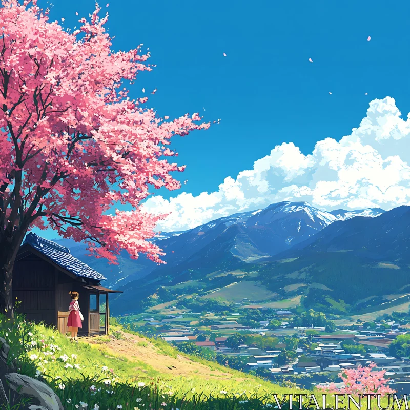 Serene Hillside Cottage under Cherry Blossom AI Image