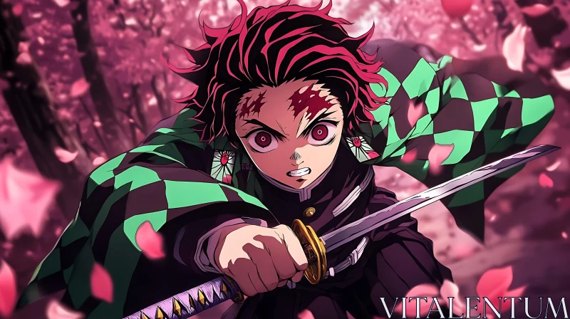 Fierce Anime Swordsman Among Sakura AI Image