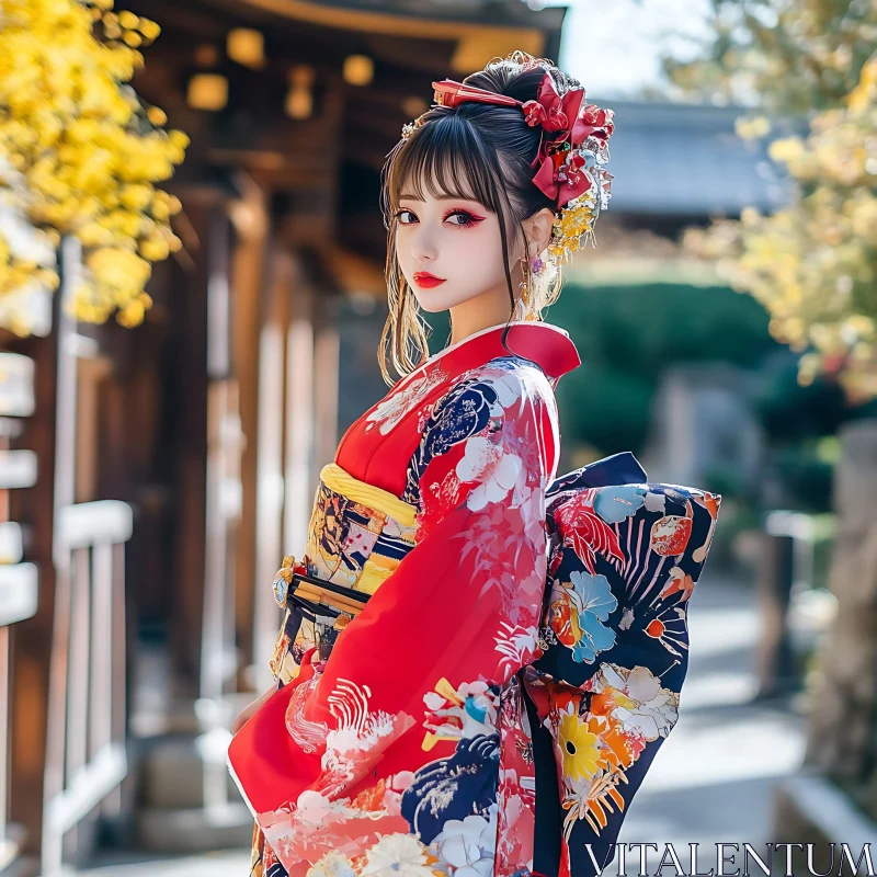 Young Woman in Vibrant Japanese Kimono AI Image