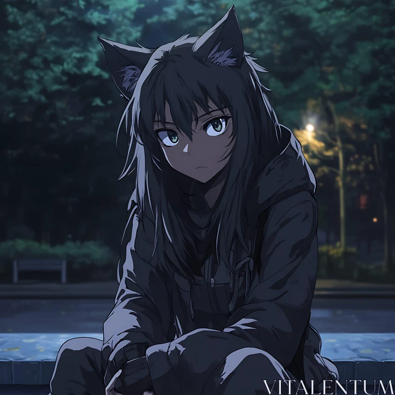 Moody Anime Night Scene with Cat-Eared Character AI Image