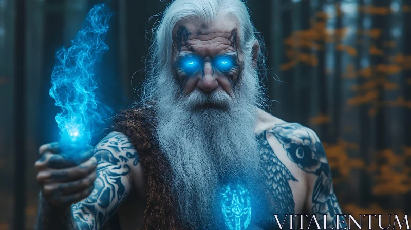 Enchanted Wizard with Glowing Blue Magic AI Image