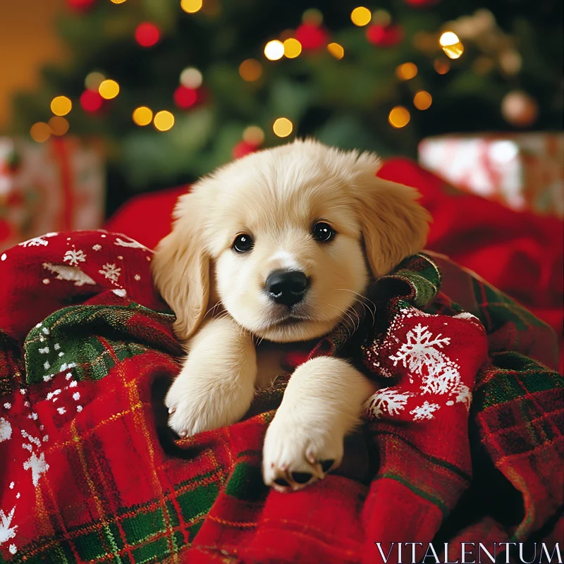 Adorable Puppy in Holiday Blanket by Christmas Tree AI Image