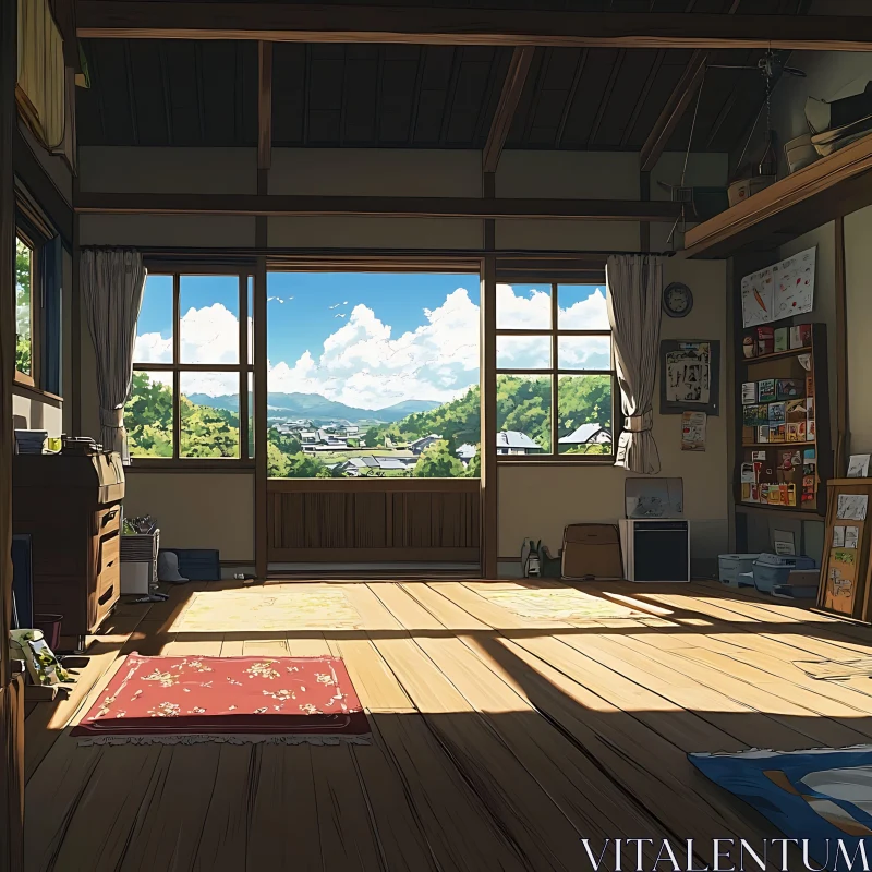 AI ART Sunlit Room Overlooking Scenic Hills