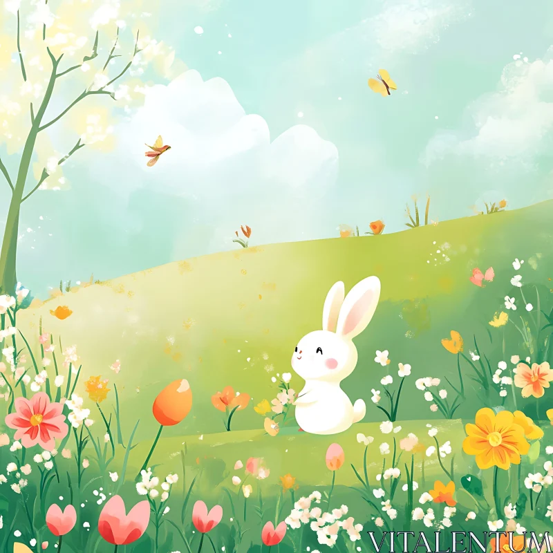 Cute Rabbit with Flowers Art AI Image