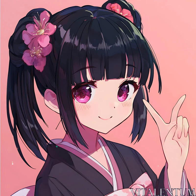 Cute Anime Girl with Pink Eyes and Cherry Blossoms AI Image